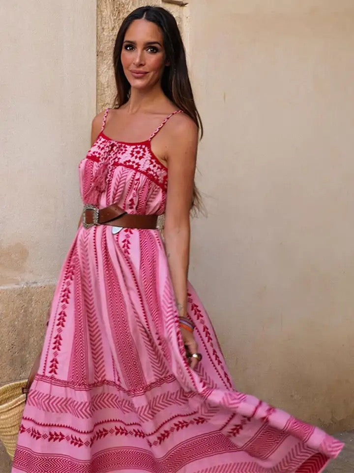 Embroidery Boho Pink Summer Dress