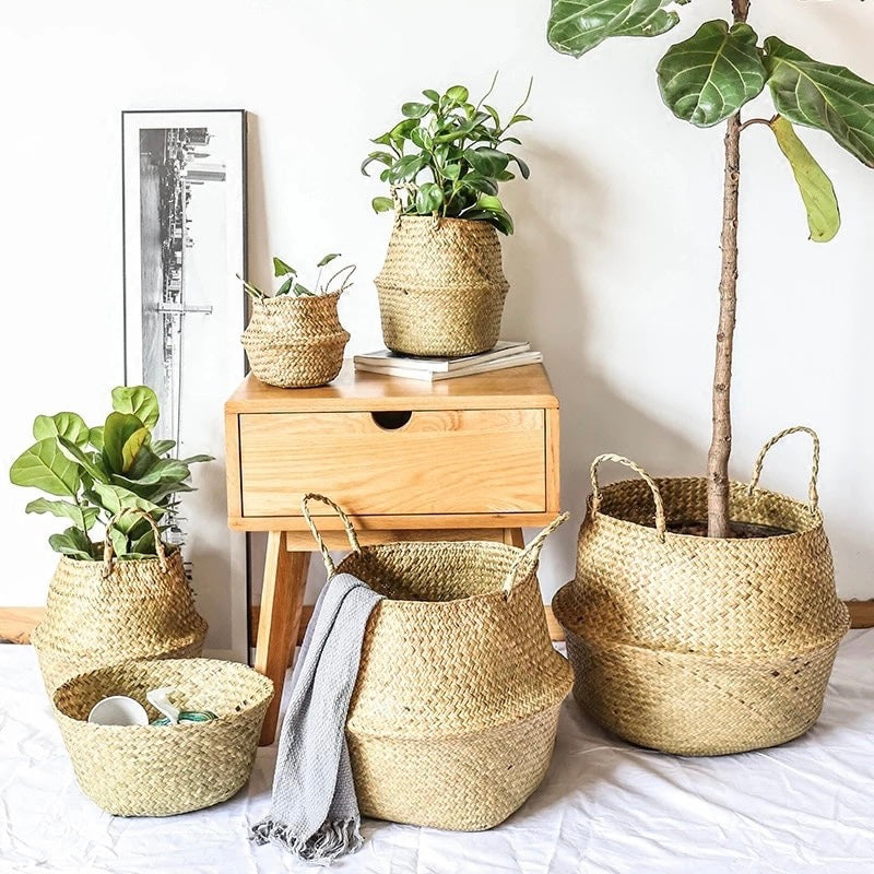Foldable Straw Storage Basket Flower Pot
